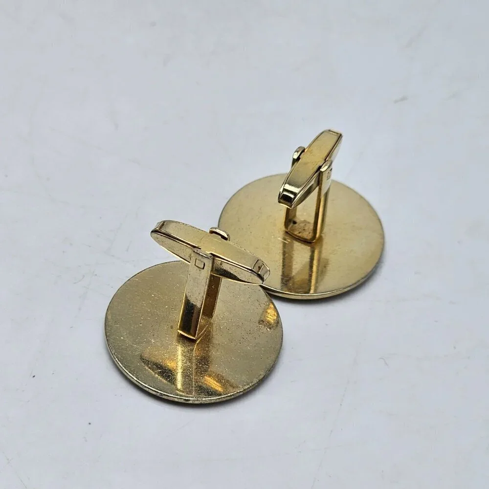 Vintage Gold Tone Cufflinks With Geometric Pink Cream Enamel Design